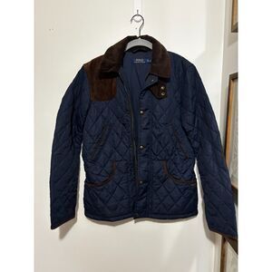 Polo Ralph Lauren Quilted Barn Jacket Navy Brown Corduroy Trim Womens M/M